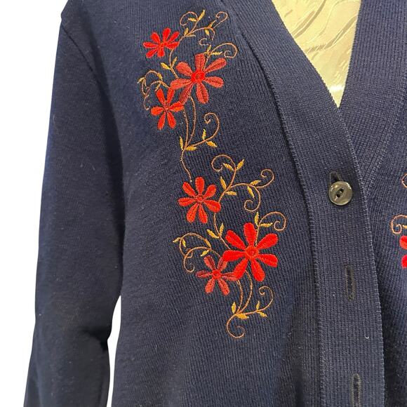 Vintage Pitlochry Navy Blue Cardigan Sweater Women Sz Medium Floral Embroidered - Picture 11 of 16